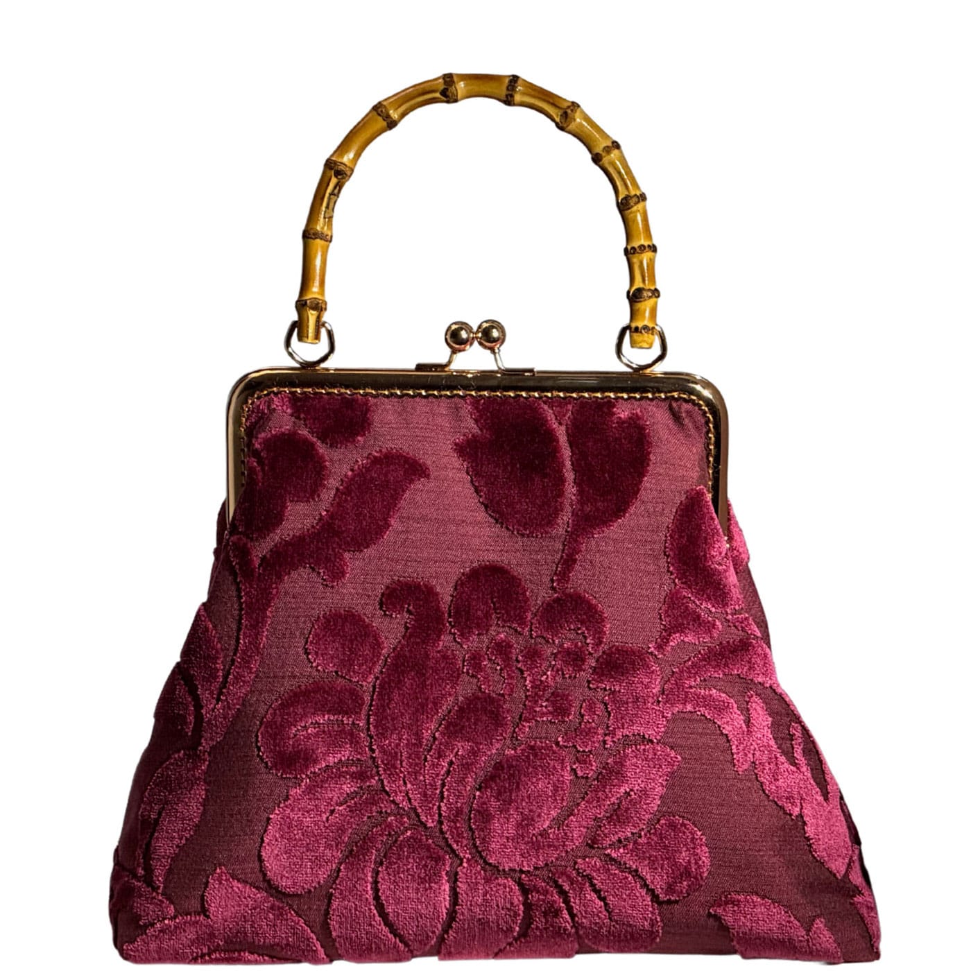 Borsa Emma, artigianale in velluto rosa antico con manico in bambù, fatta a mano in Italia – Pinù Atelier.