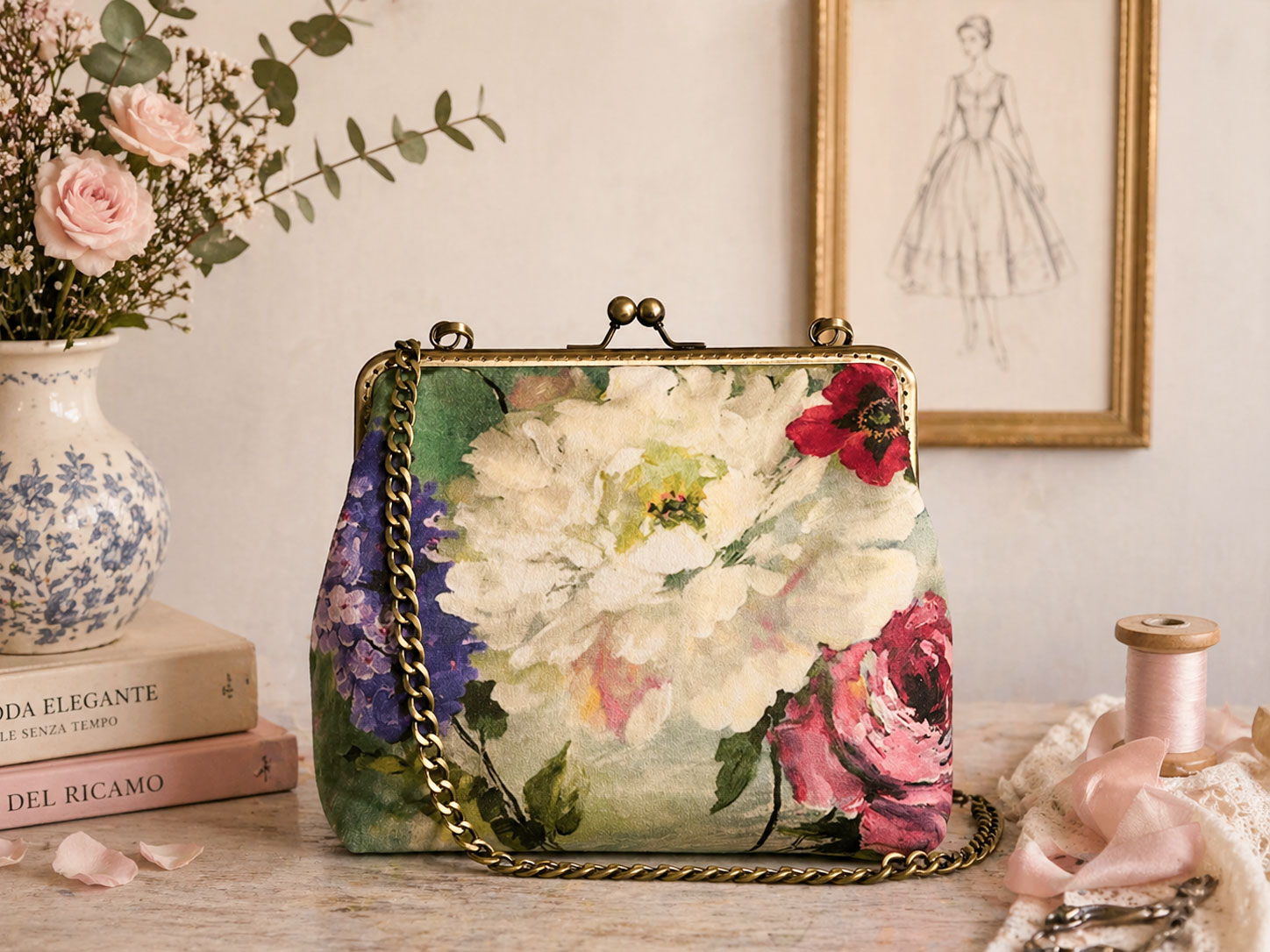 Borsa-artigianale-donna-con-stampa-floreale con effetto dipinto